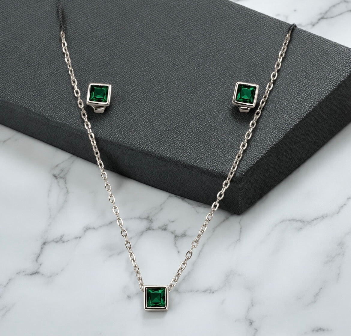 Set Cadena y Aretes Cristal Mini Verde, Negro , Azul